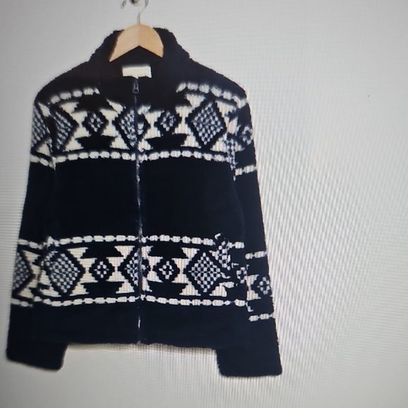 NWT Lucky Brand Geo Print Faux Fur Zip Teddy Jacket Large. Navy/Ivory - Picture 3 of 16